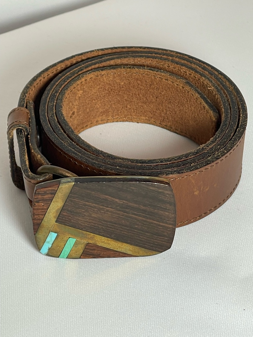Vintage The Frontier Shop Palm Springs Wood & Turquoise Inlay Brass Belt